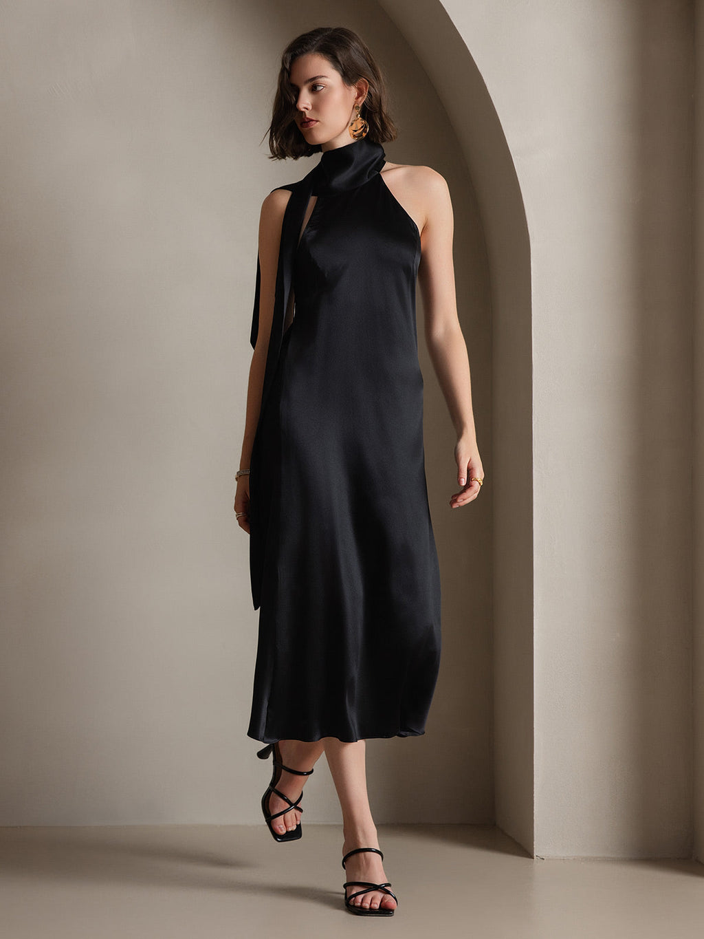 19Momme Seda Cuello Atado Vestido