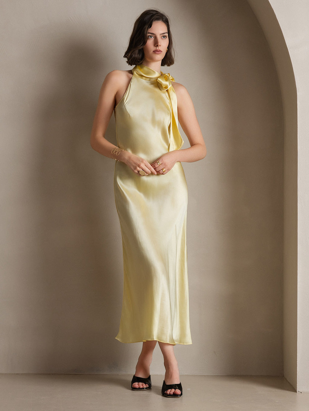 19Momme Seda Cuello Atado Vestido