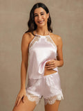 Seda Pura Mujer Sin Mangas Halter Encaje Camisole Set
