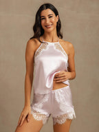 Seda Pura Mujer Sin Mangas Halter Encaje Camisole Set