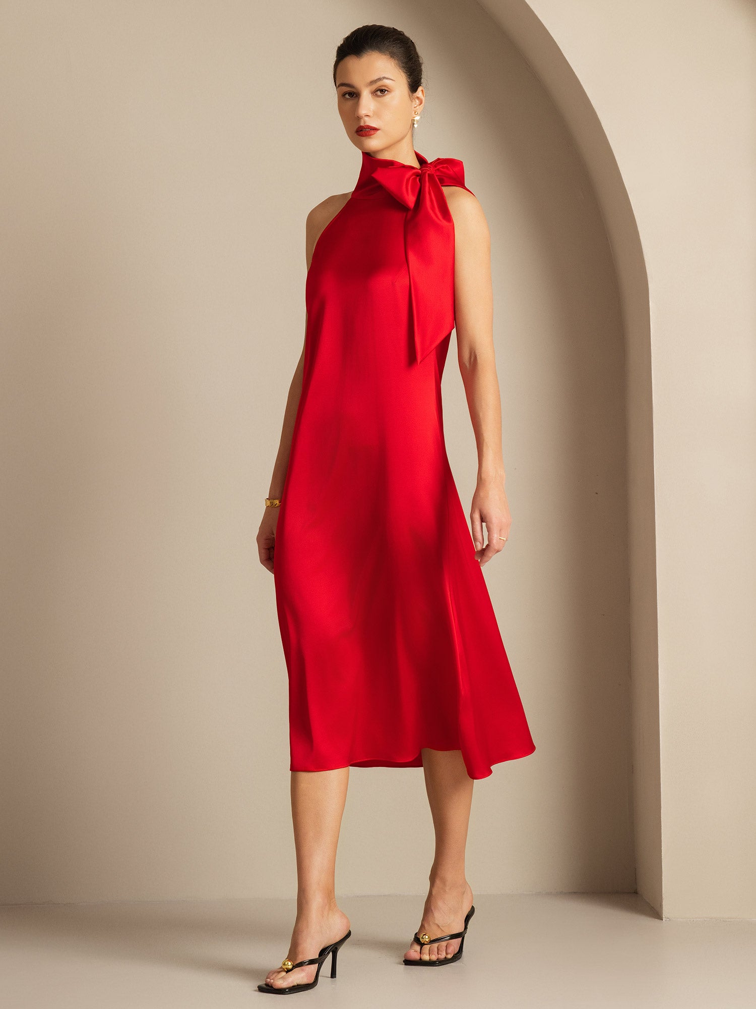 19Momme Seda Cuello Atado Vestido