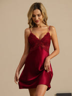 100% Seda de Morera Camisón Con Encaje Escote en V Chemise Sexy