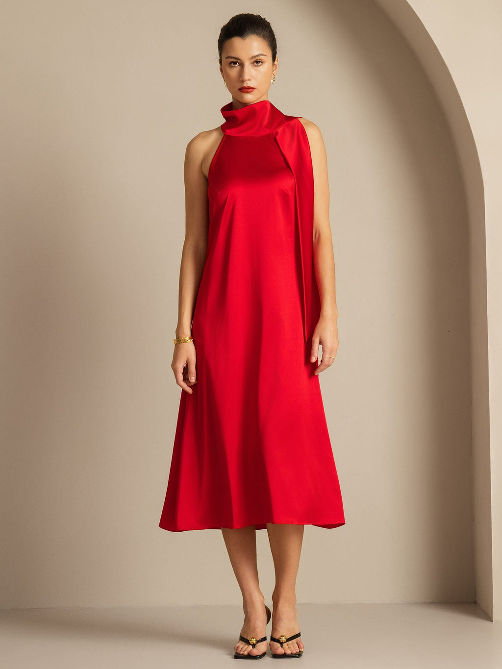 19Momme Seda Cuello Atado Vestido