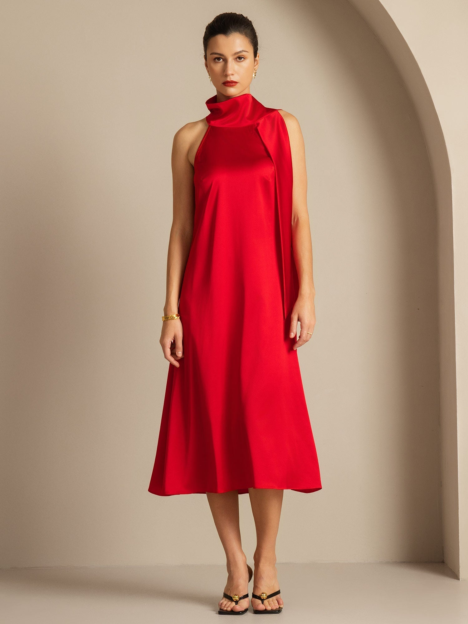 19Momme Seda Cuello Atado Vestido