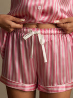 Conjunto De Pijama Para Mujer En Seda Pura Estampado A Rayas Manga Corta Cuello Notch Con Shorts