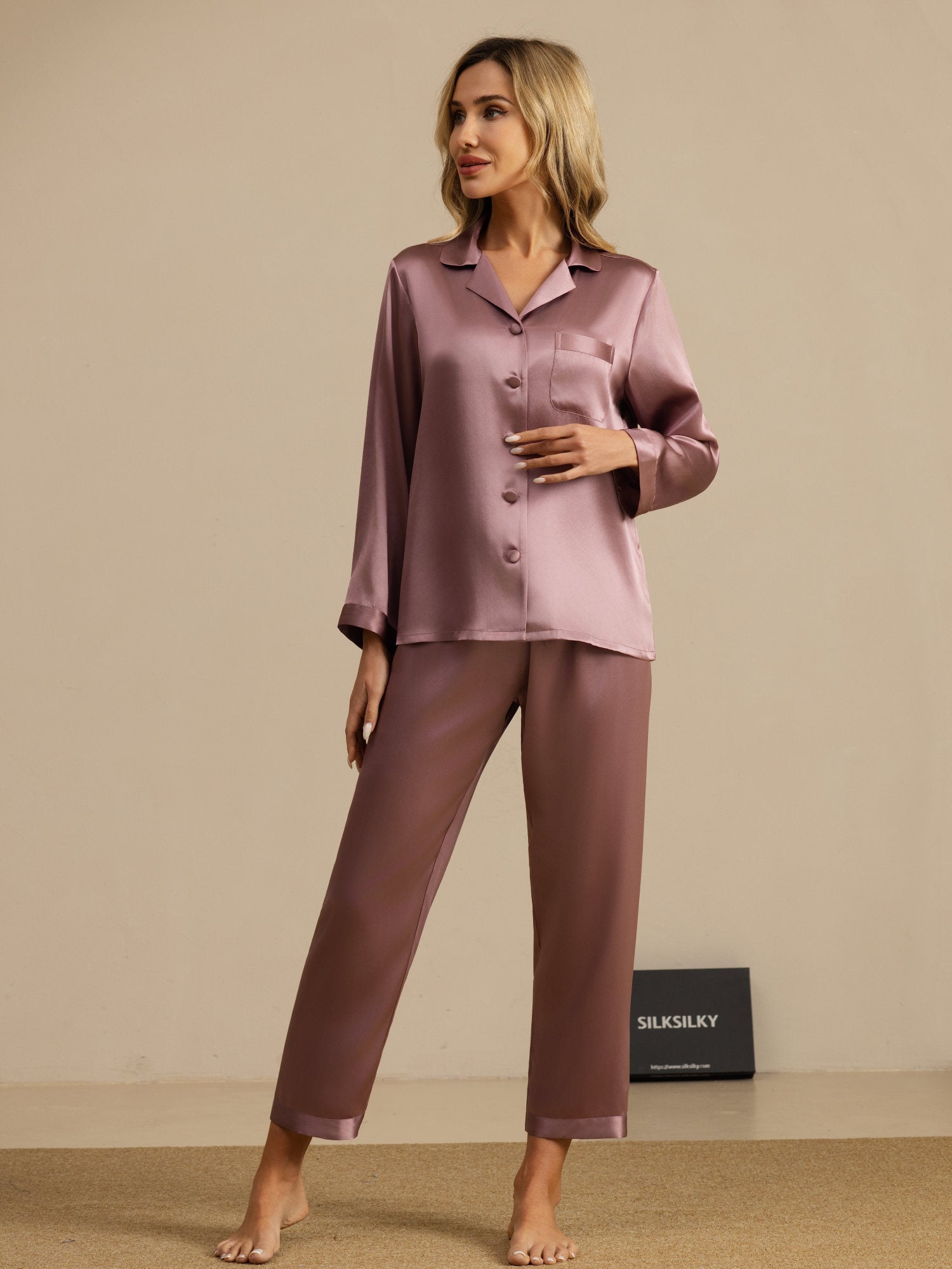 Pijama De Manga Larga De Seda 100% De Morera Para Mujer