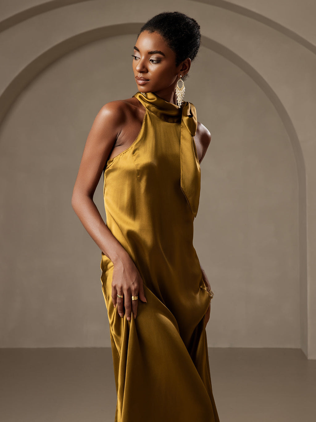 19Momme Seda Cuello Atado Vestido