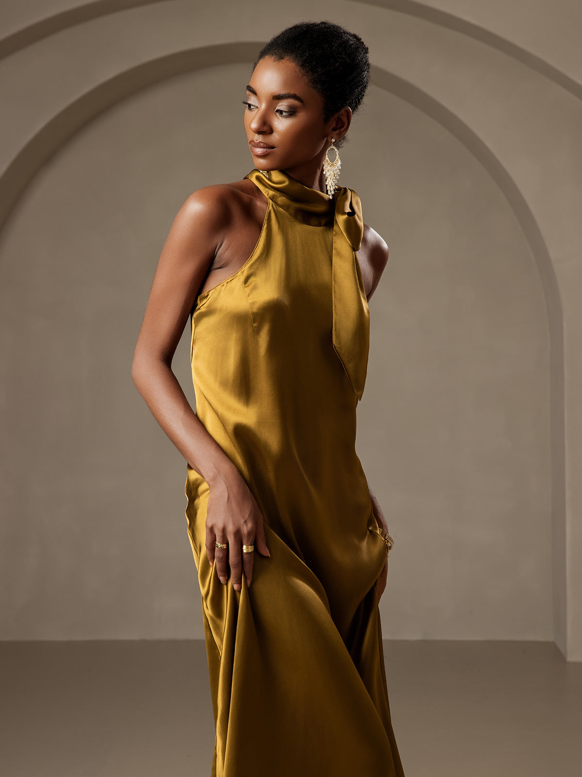 19Momme Seda Cuello Atado Vestido