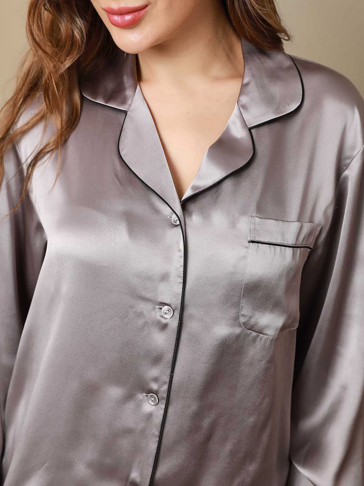 Pijama de Mujer de Seda Pura con Manga Larga y Cuello de Solapas