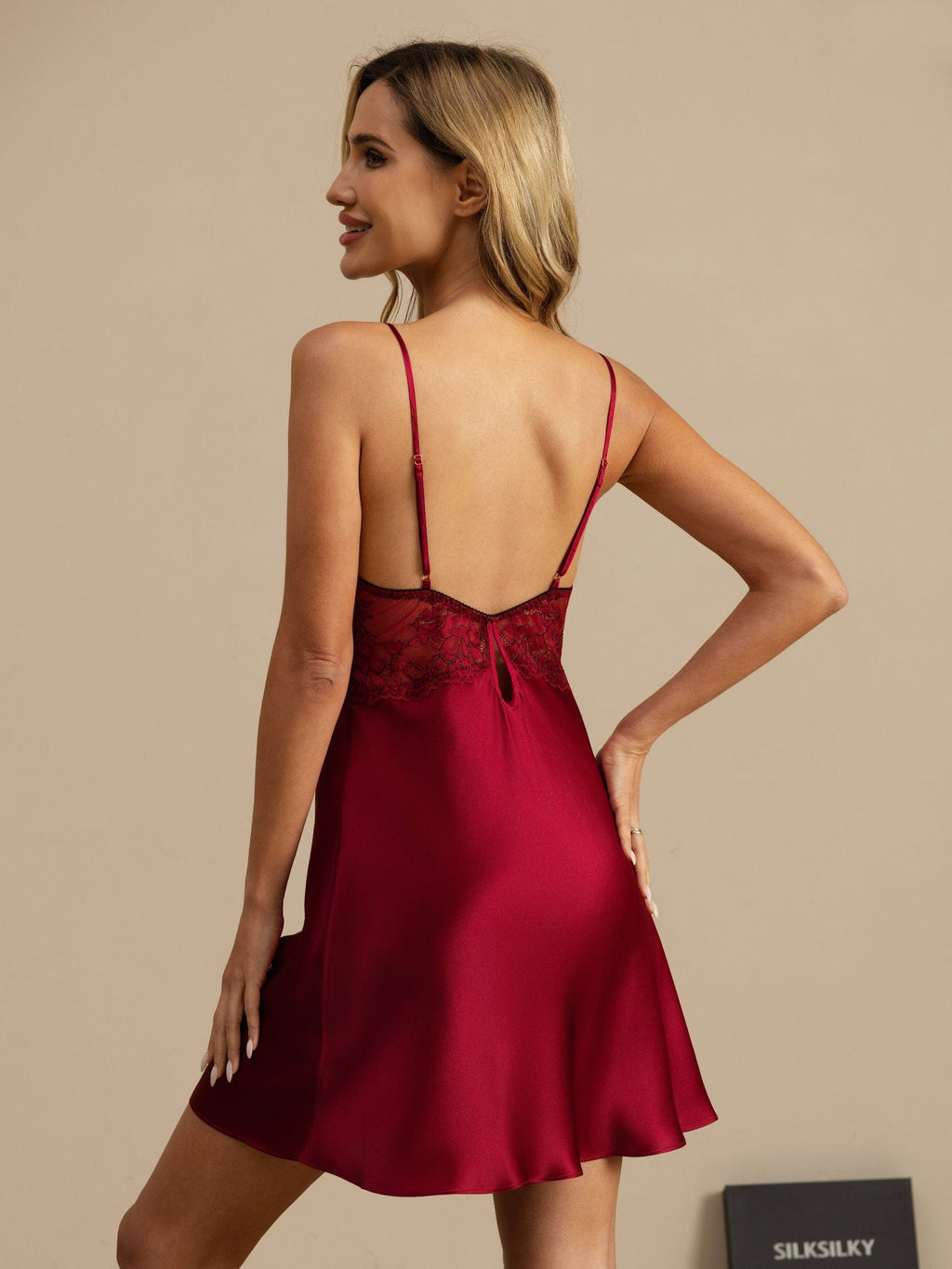100% Seda de Morera Camisón Con Encaje Escote en V Chemise Sexy