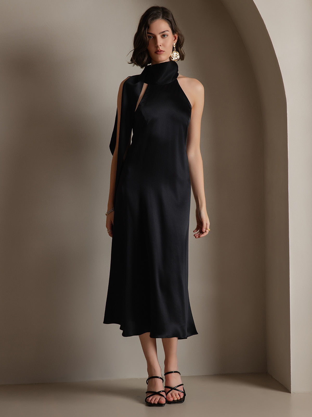 19Momme Seda Cuello Atado Vestido