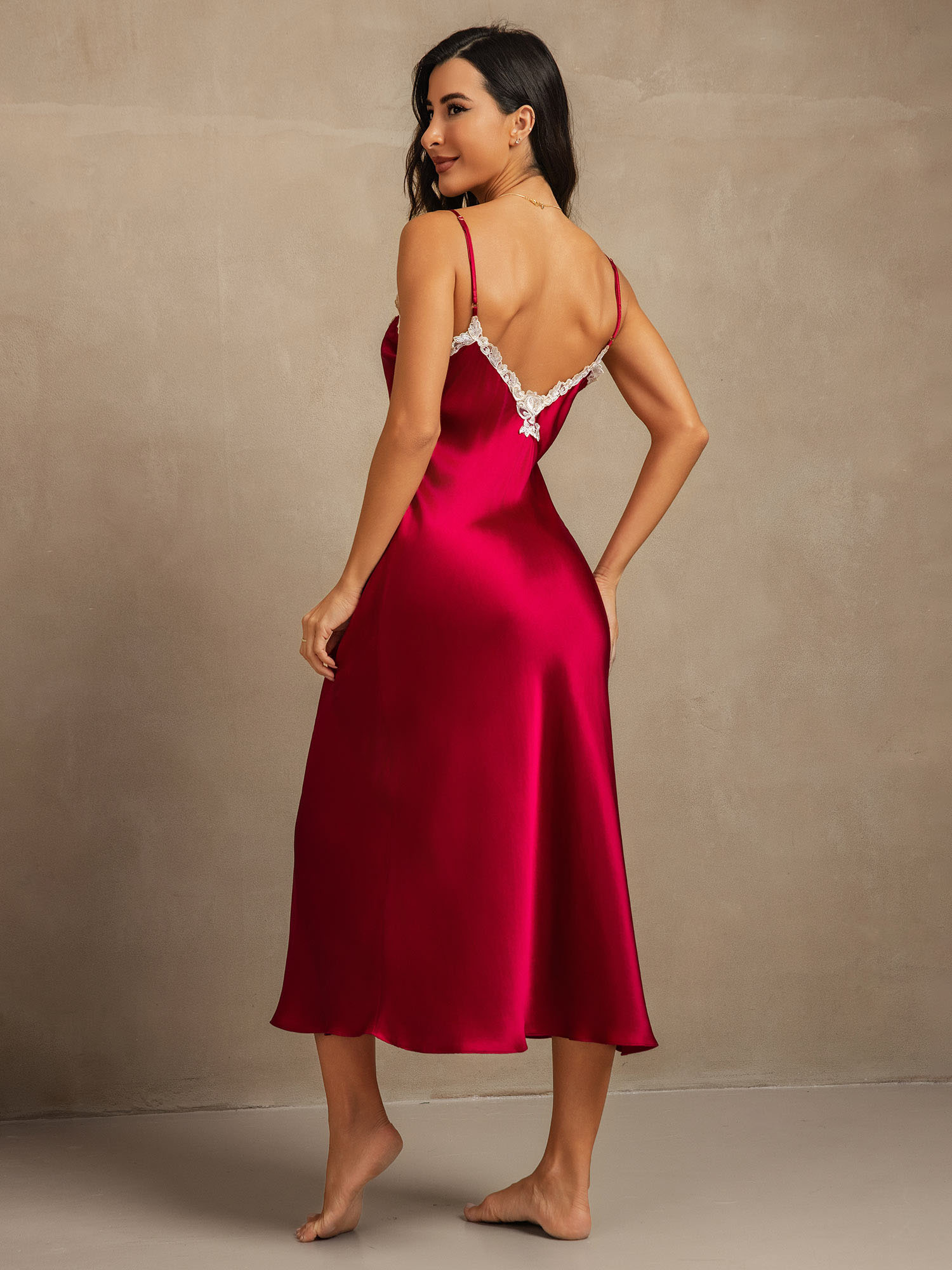 Vestido largo de seda pura con encaje 19Momme