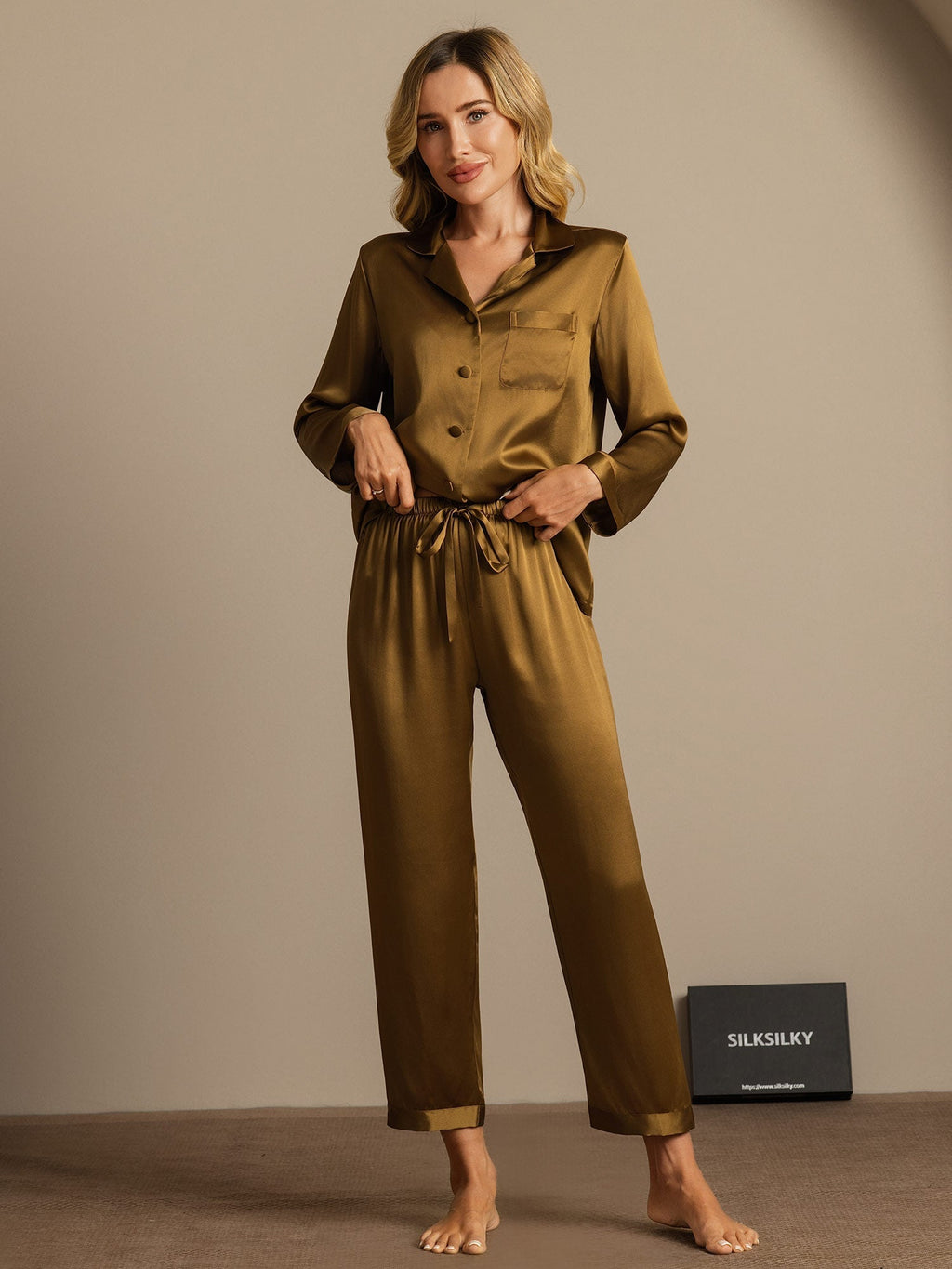 Pijama De Manga Larga De Seda 100% De Morera Para Mujer
