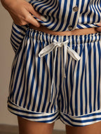 Conjunto De Pijama Para Mujer En Seda Pura Estampado A Rayas Manga Corta Cuello Notch Con Shorts