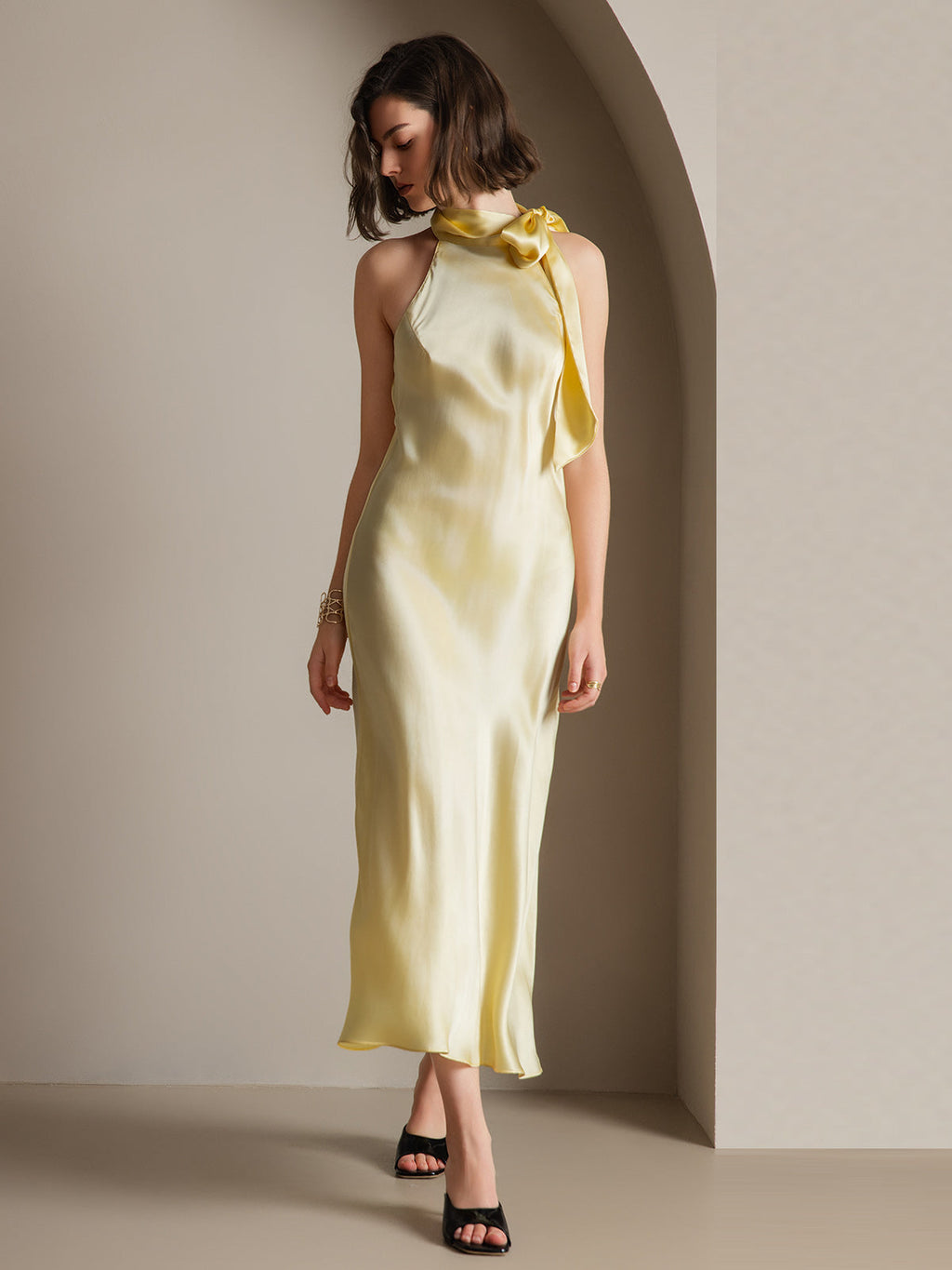 19Momme Seda Cuello Atado Vestido