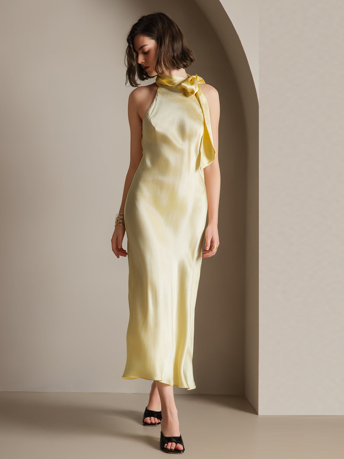 19Momme Seda Cuello Atado Vestido