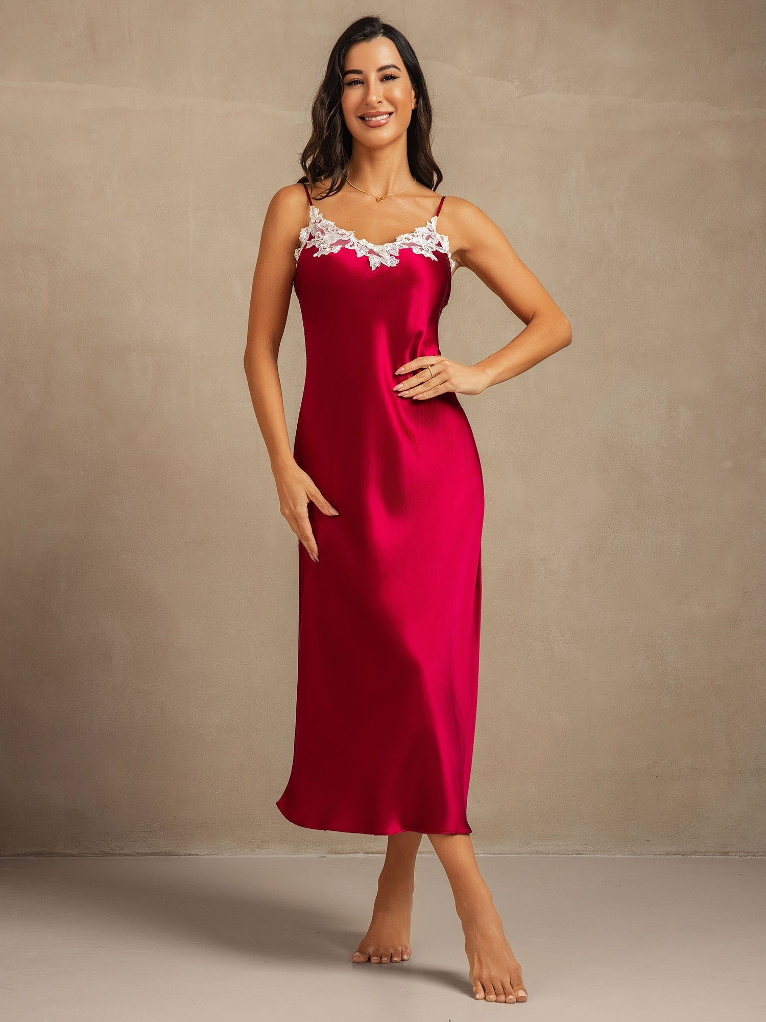 Vestido largo de seda pura con encaje 19Momme