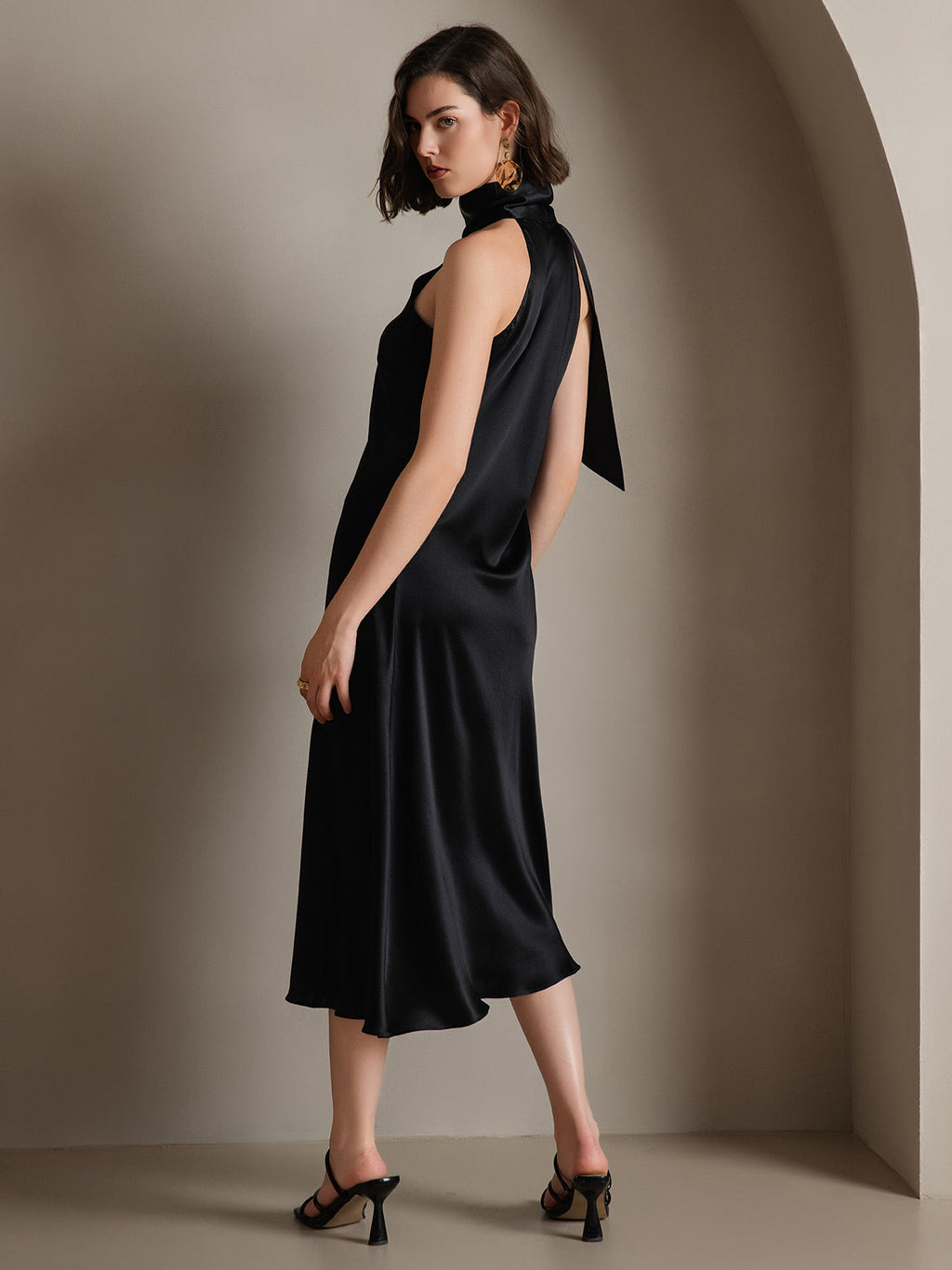 19Momme Seda Cuello Atado Vestido