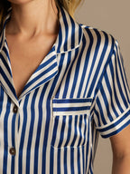 Conjunto De Pijama Para Mujer En Seda Pura Estampado A Rayas Manga Corta Cuello Notch Con Shorts