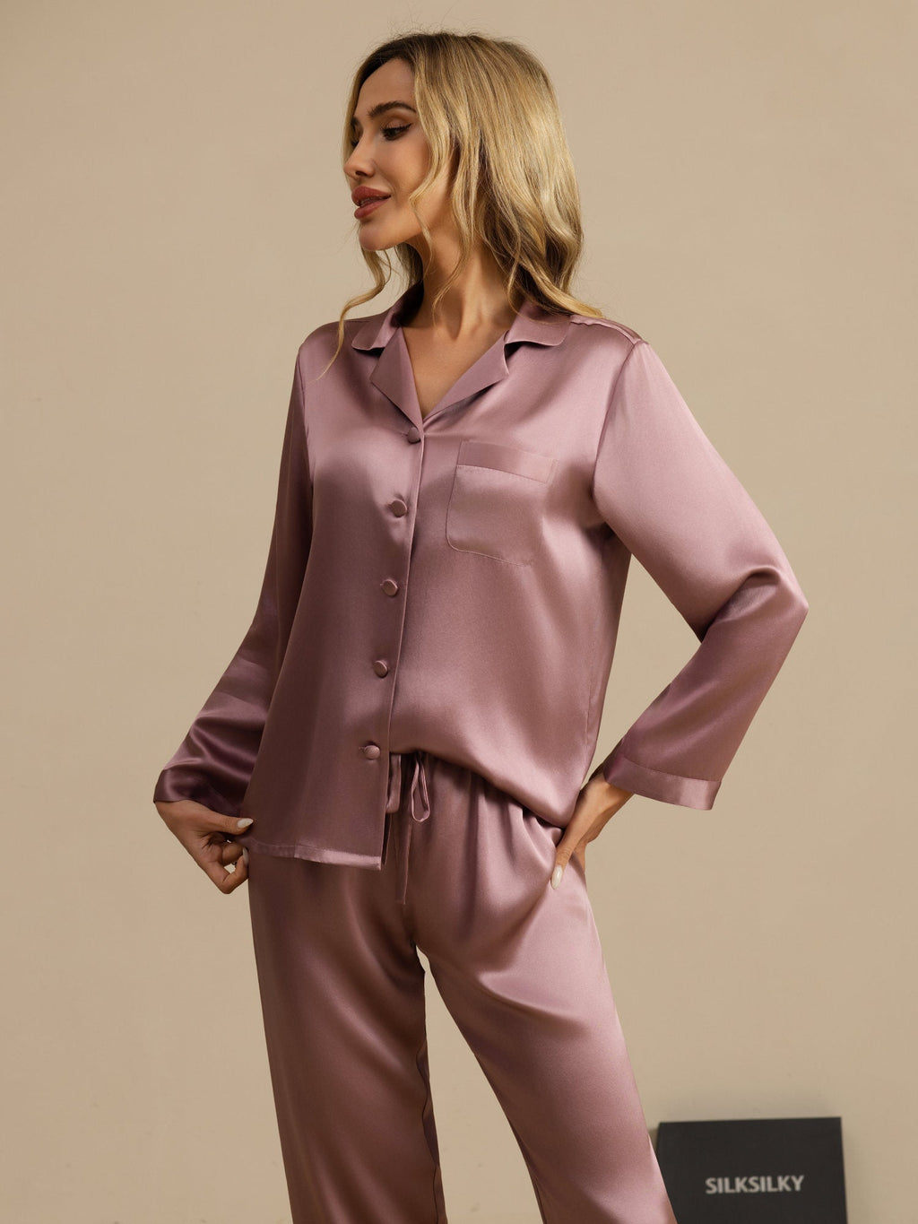 Pijama De Manga Larga De Seda 100% De Morera Para Mujer