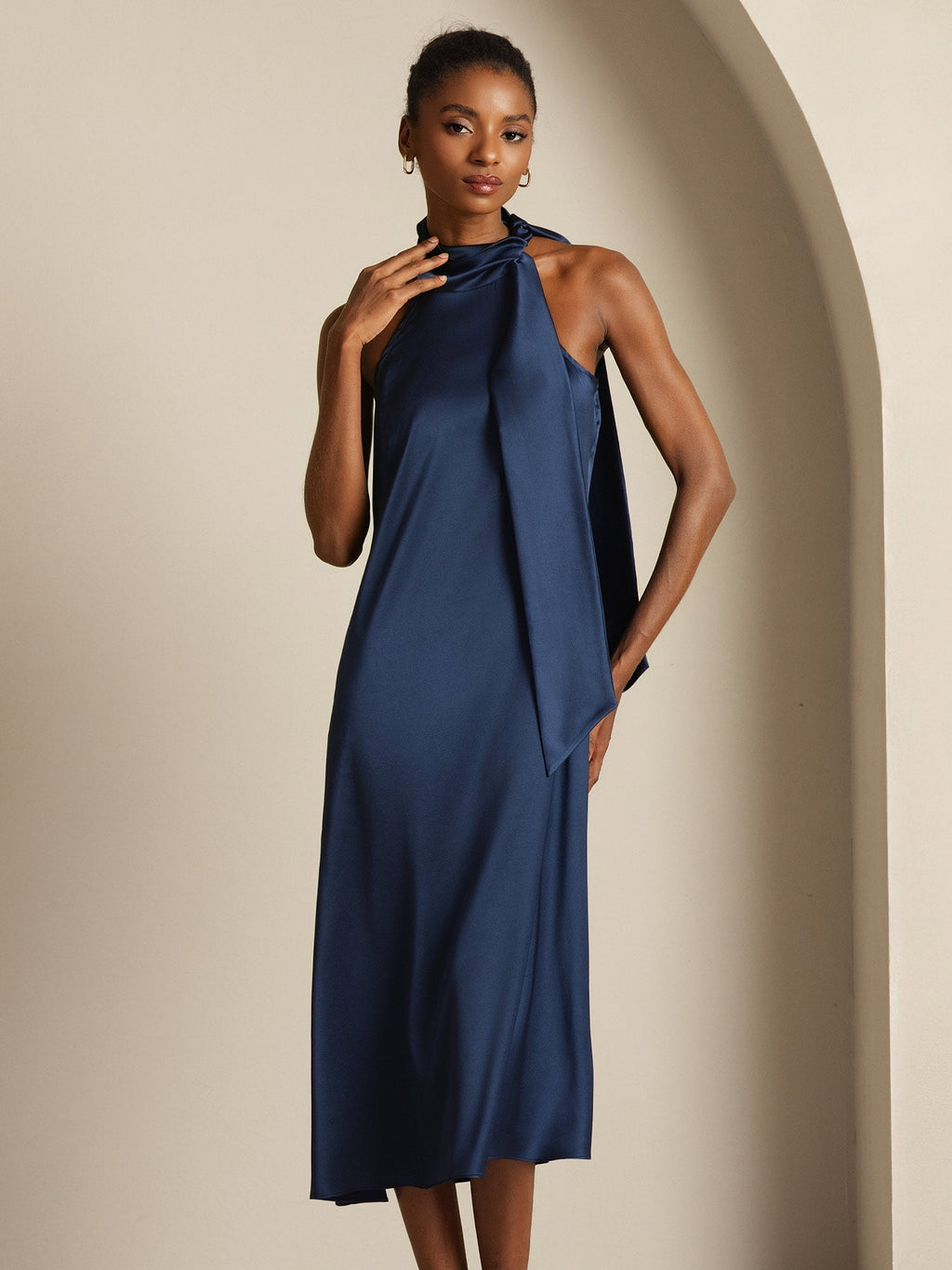 19Momme Seda Cuello Atado Vestido