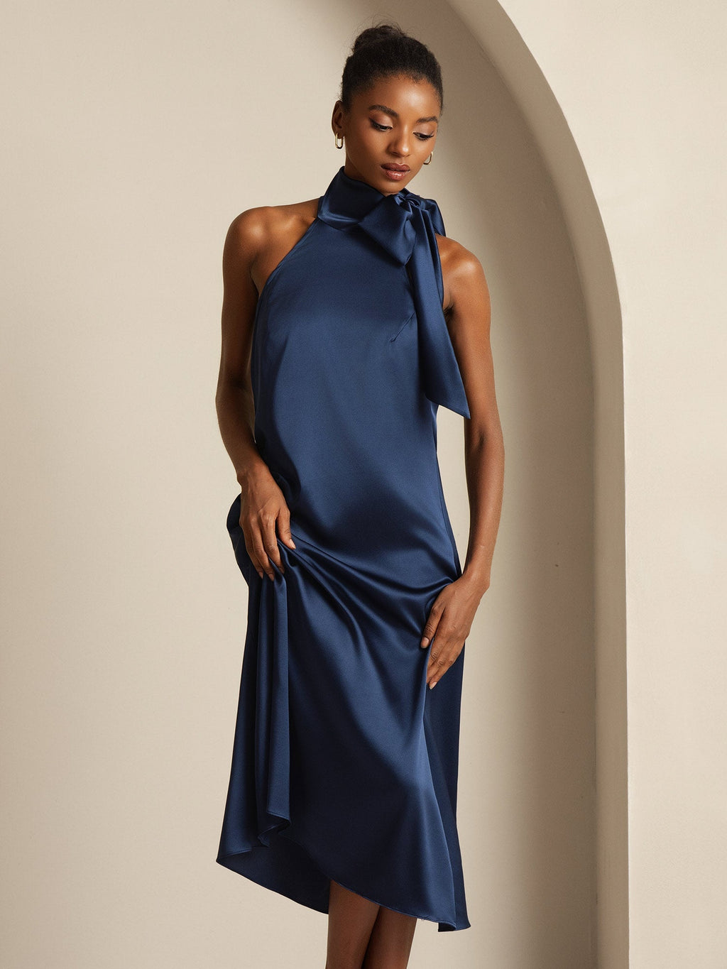 19Momme Seda Cuello Atado Vestido