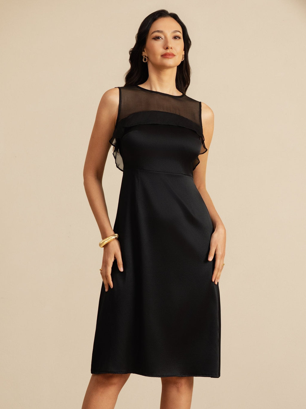 19Momme Seda Pura Cuello Ilusion Vestido Sin Mangas Largo Hasta La Rodilla