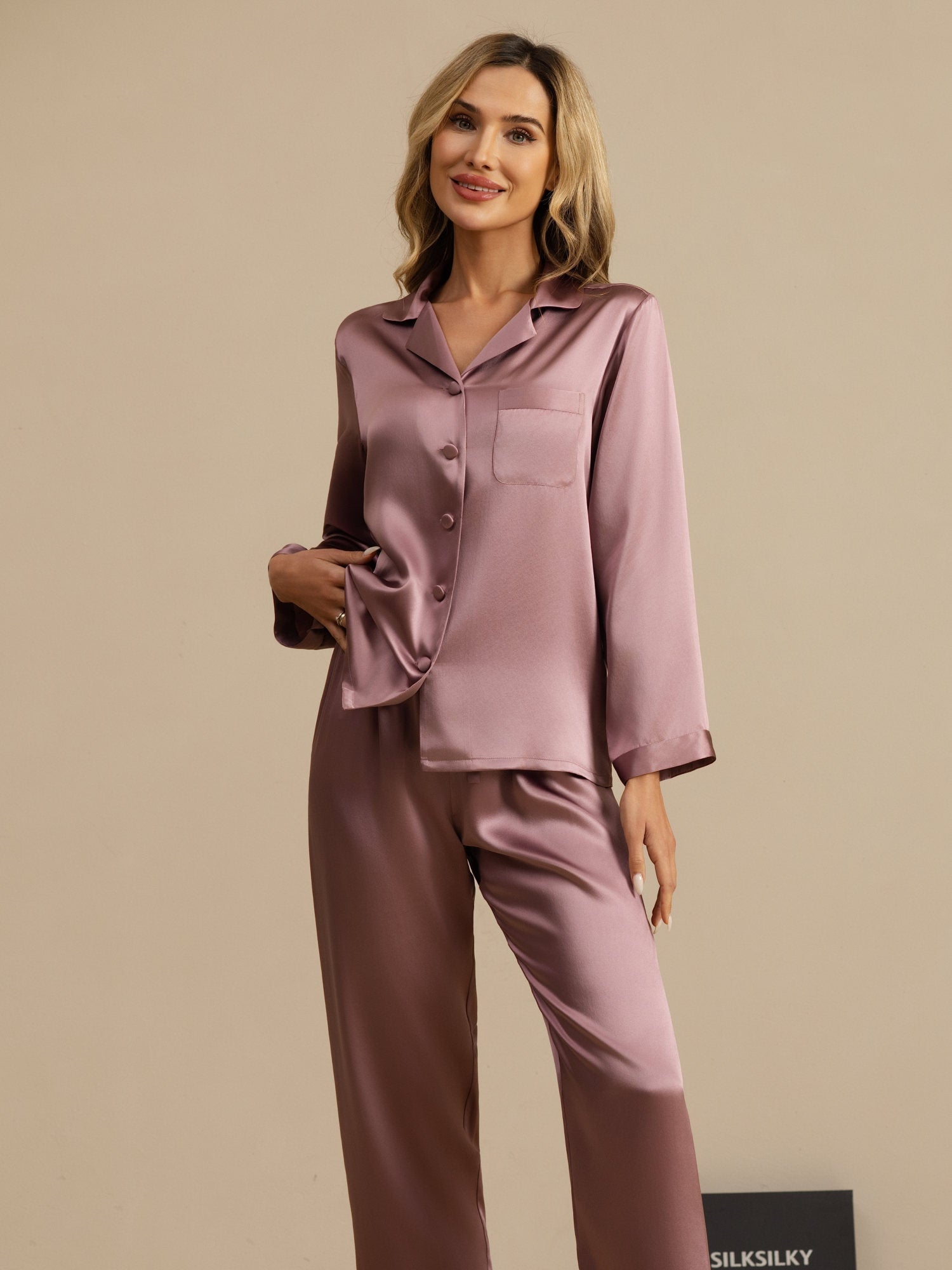 Pijama De Manga Larga De Seda 100% De Morera Para Mujer