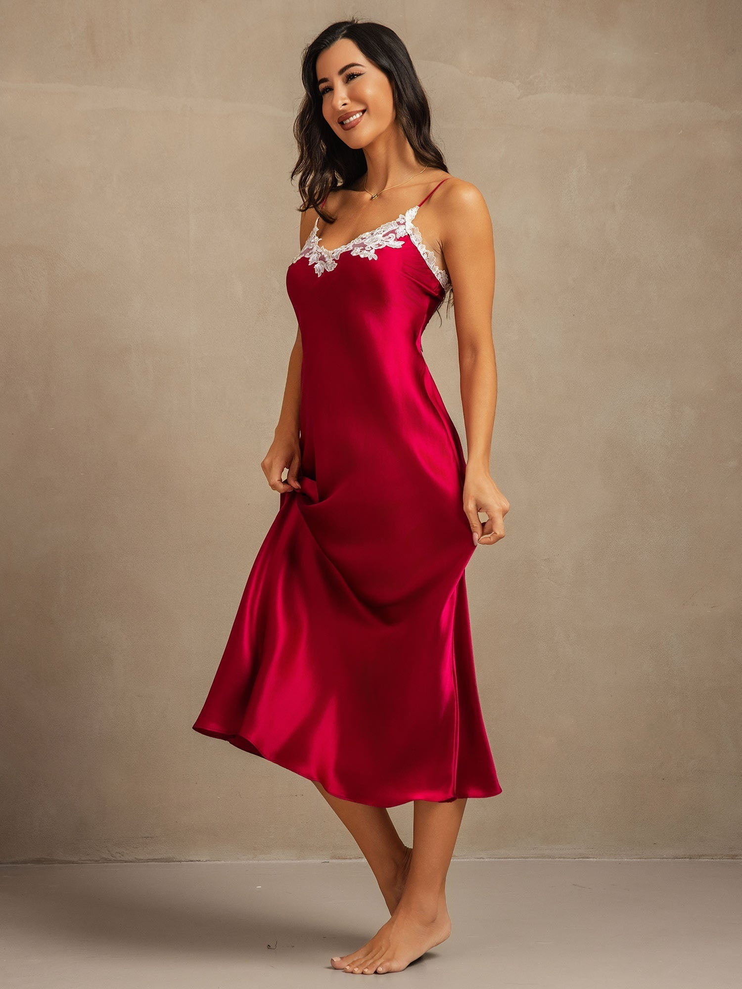 Vestido largo de seda pura con encaje 19Momme