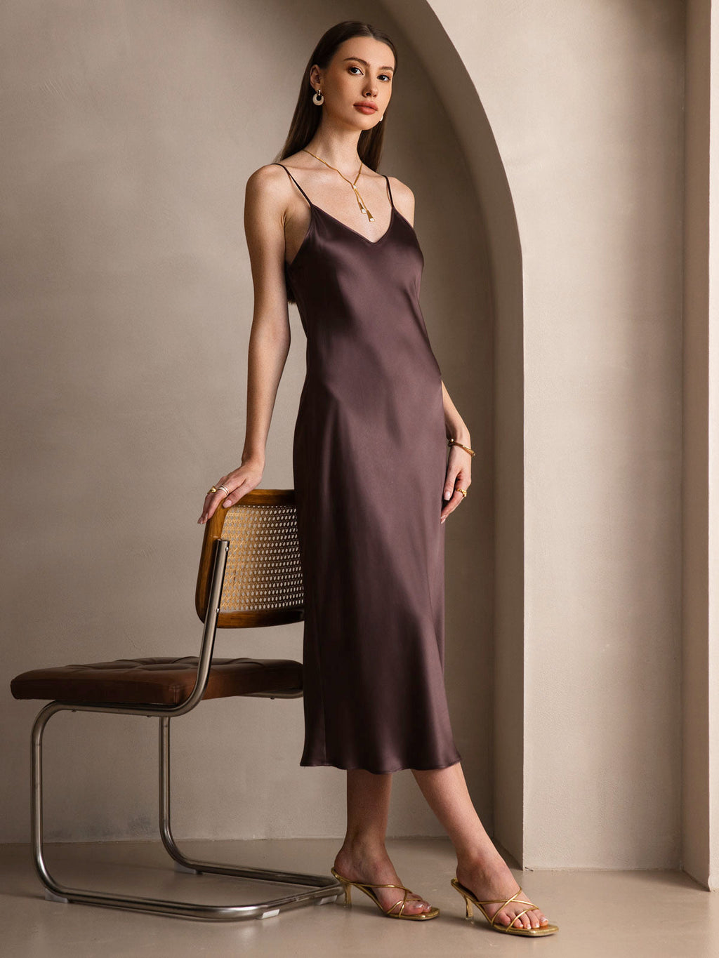 Vestido Largo de Seda Pura con Tirantes Finos