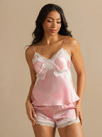 Seda Pura Encaje Tirantes Espaguetis Escote En V Elegante Camisole Set