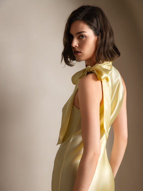 19Momme Seda Cuello Atado Vestido