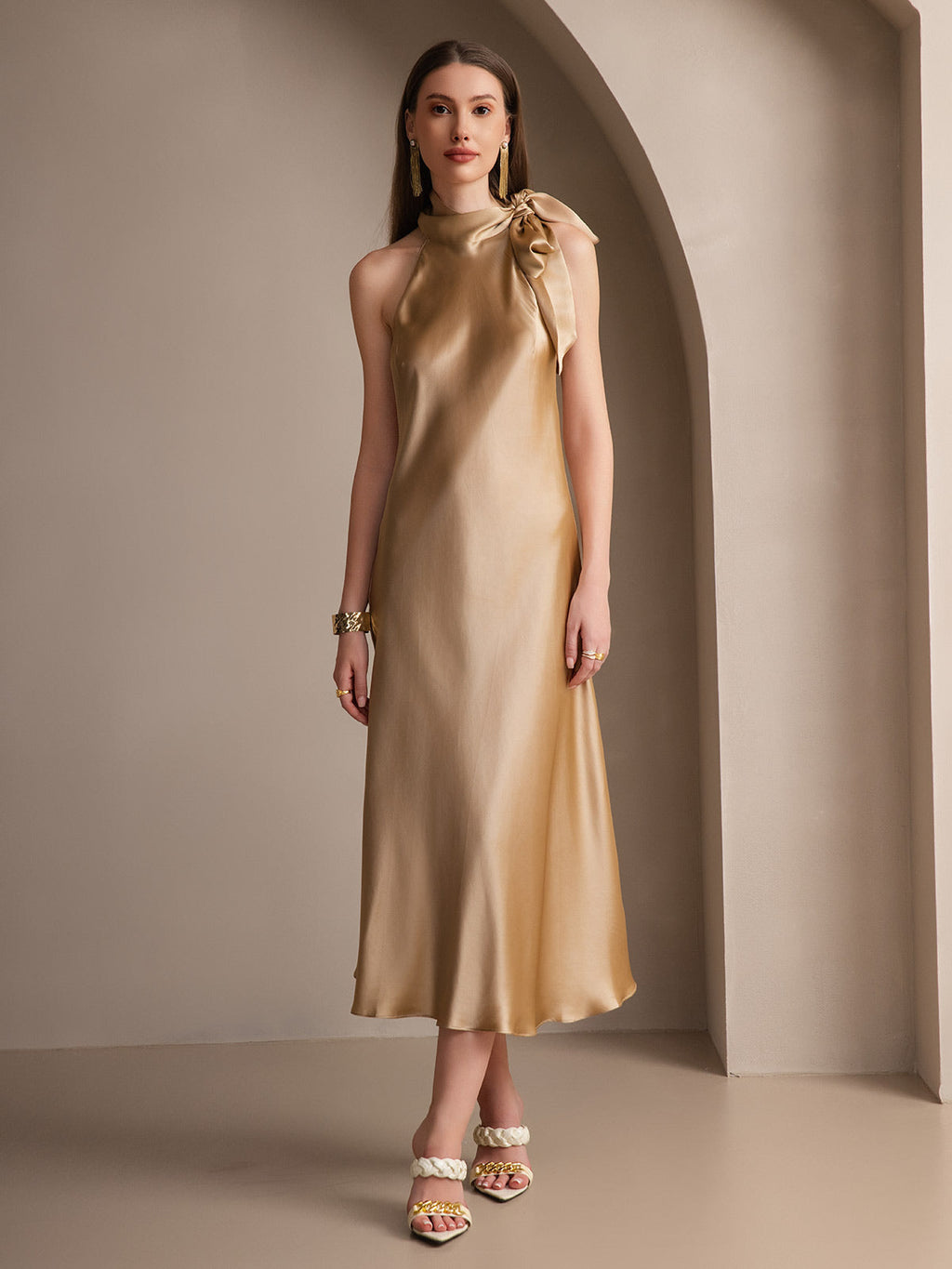 19Momme Seda Cuello Atado Vestido