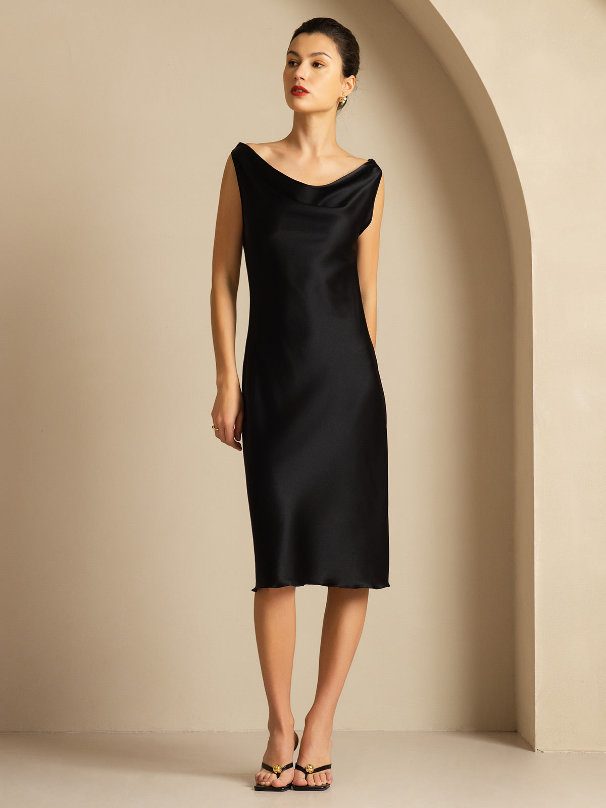 19Momme Vestido sin mangas de seda elegante con escote drapeado