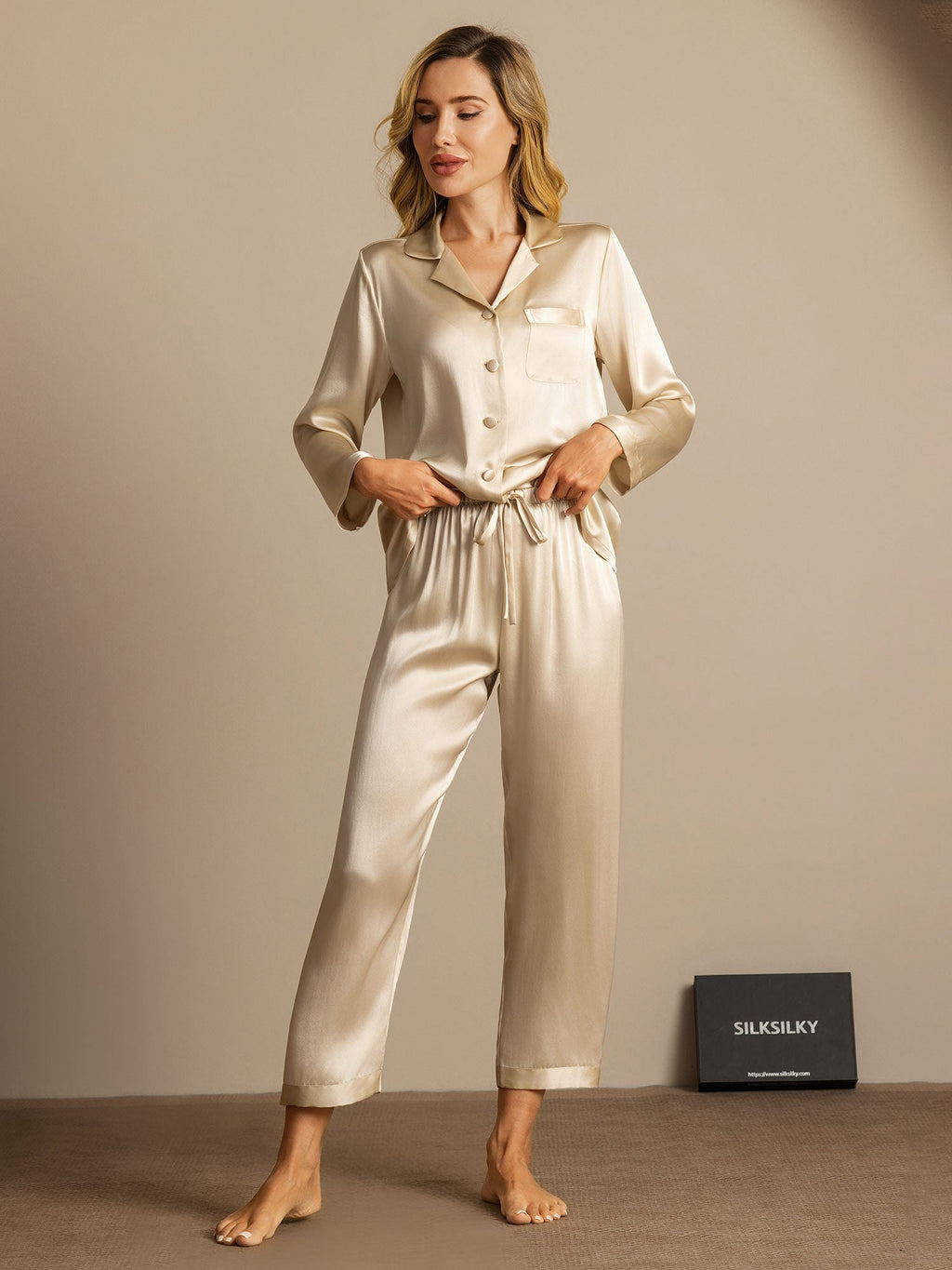 Pijama De Manga Larga De Seda 100% De Morera Para Mujer