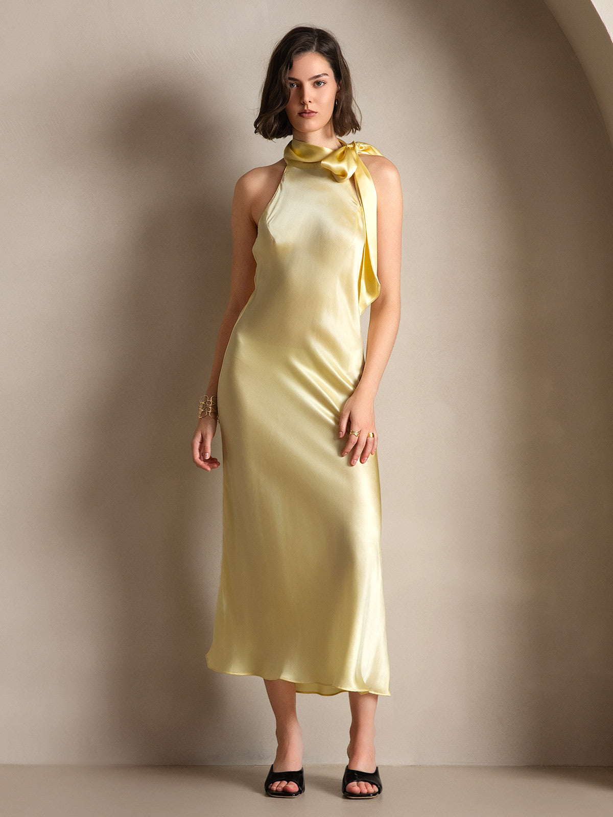 19Momme Seda Cuello Atado Vestido