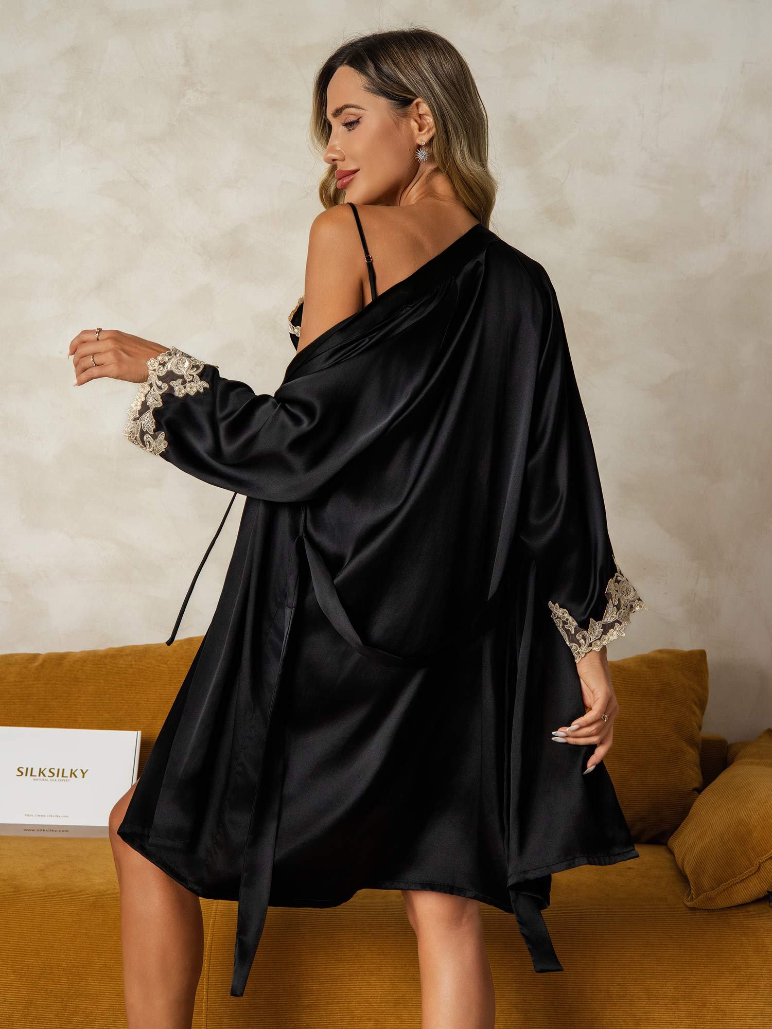 Elegante Conjunto De Camisón Y Bata De Pura Seda 2 Piezas