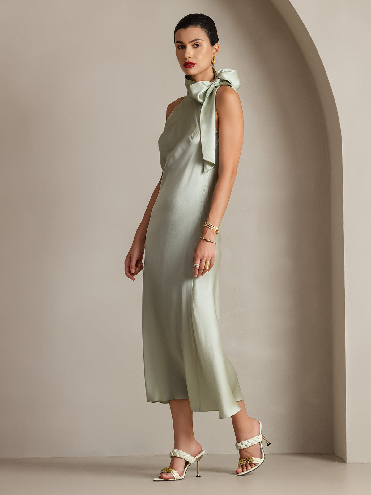 19Momme Seda Cuello Atado Vestido