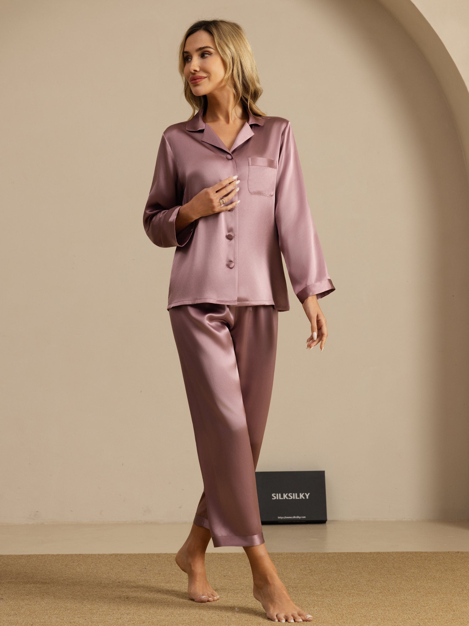 Pijama De Manga Larga De Seda 100% De Morera Para Mujer