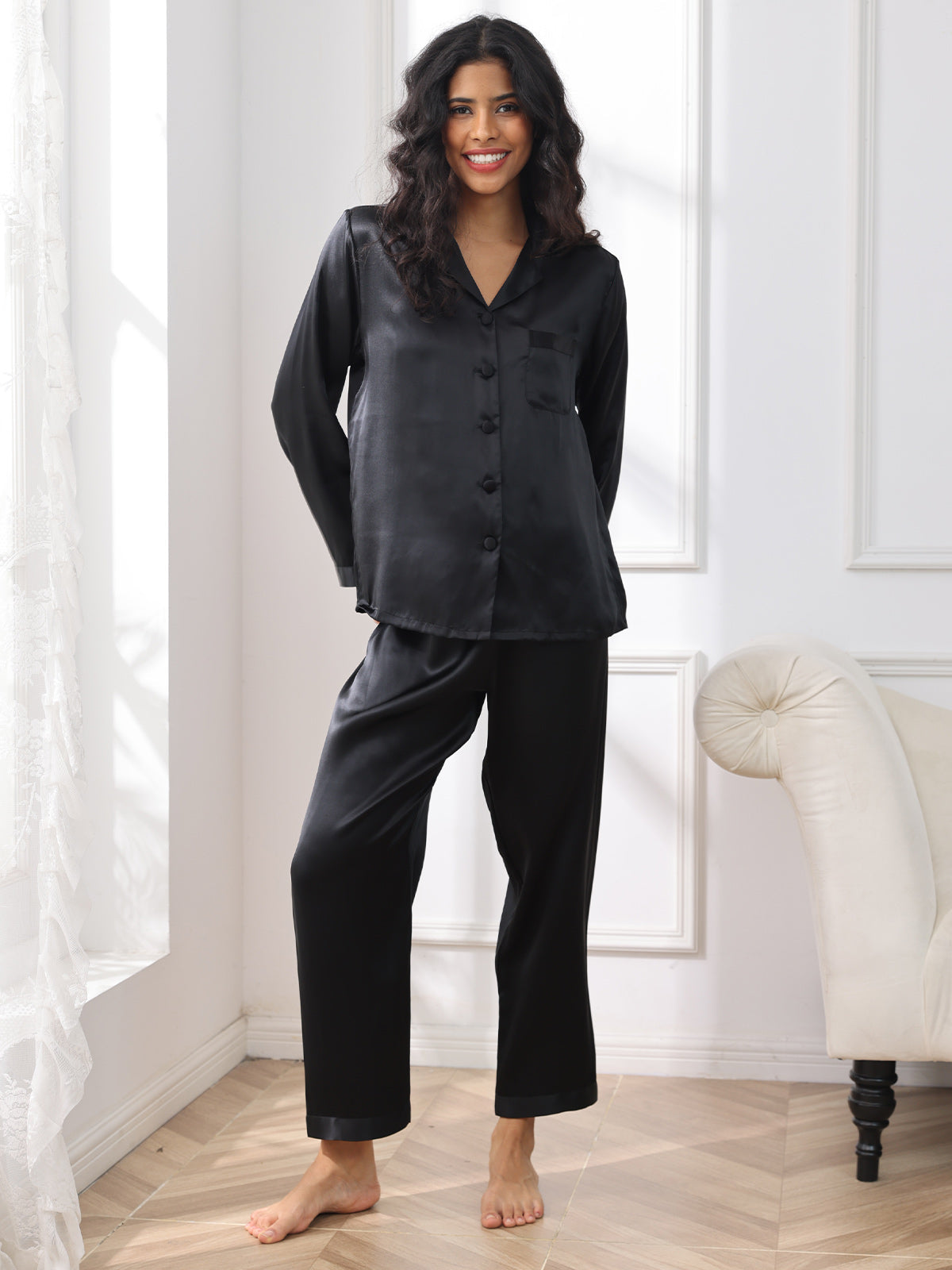 Pijama De Manga Larga De Seda 100% De Morera Para Mujer