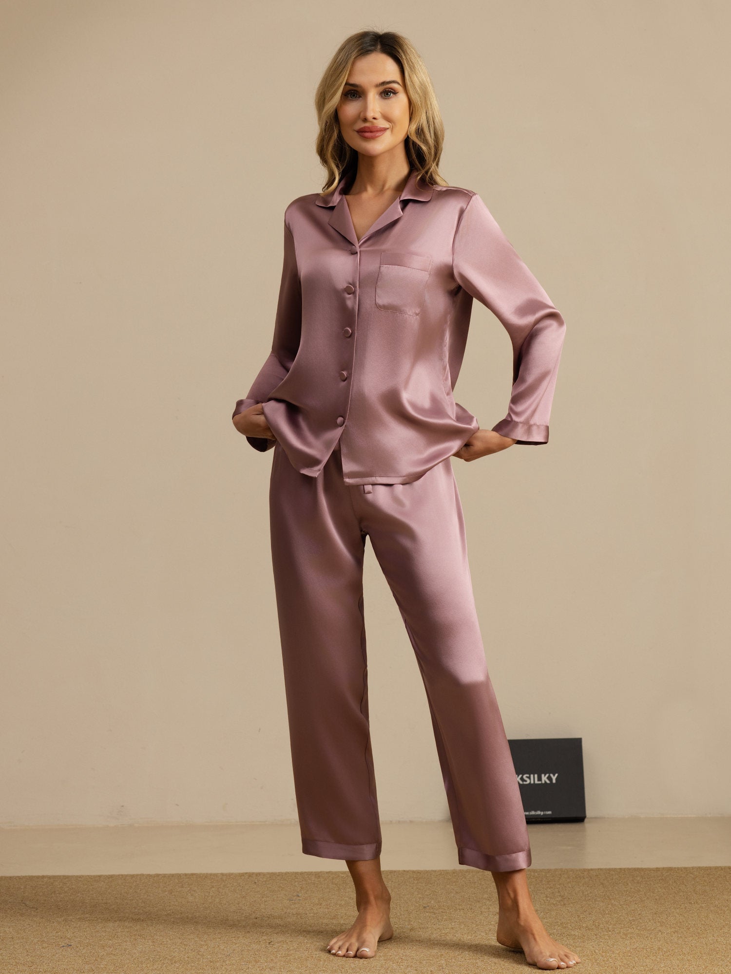 Pijama De Manga Larga De Seda 100% De Morera Para Mujer