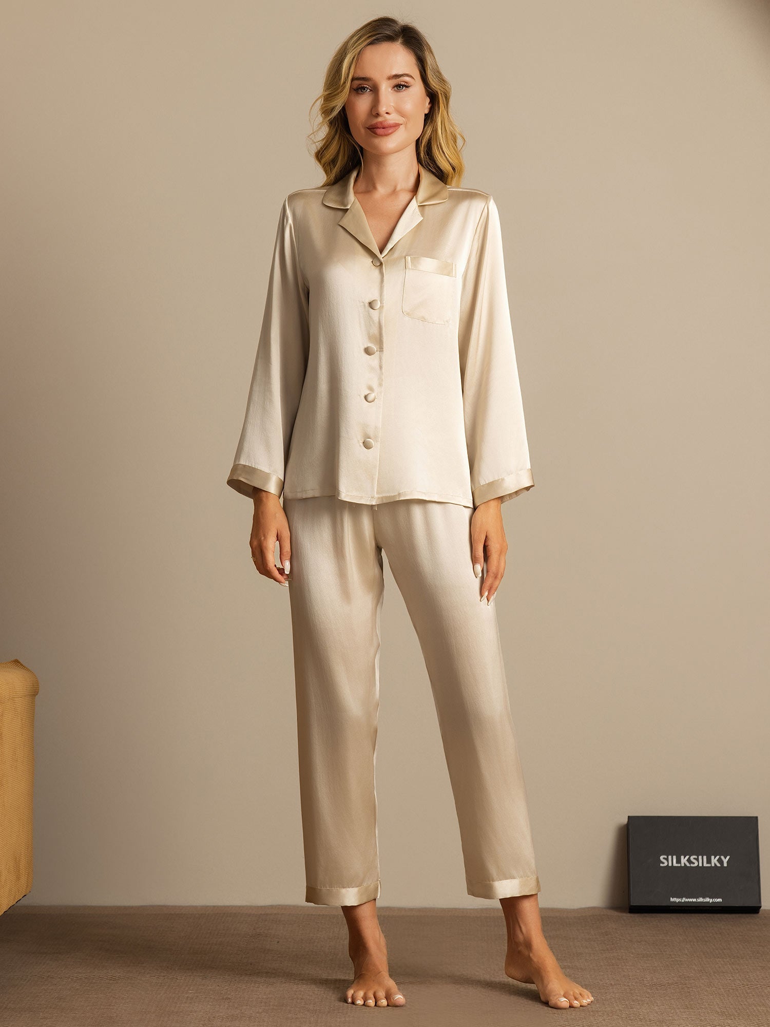 Pijama De Manga Larga De Seda 100% De Morera Para Mujer