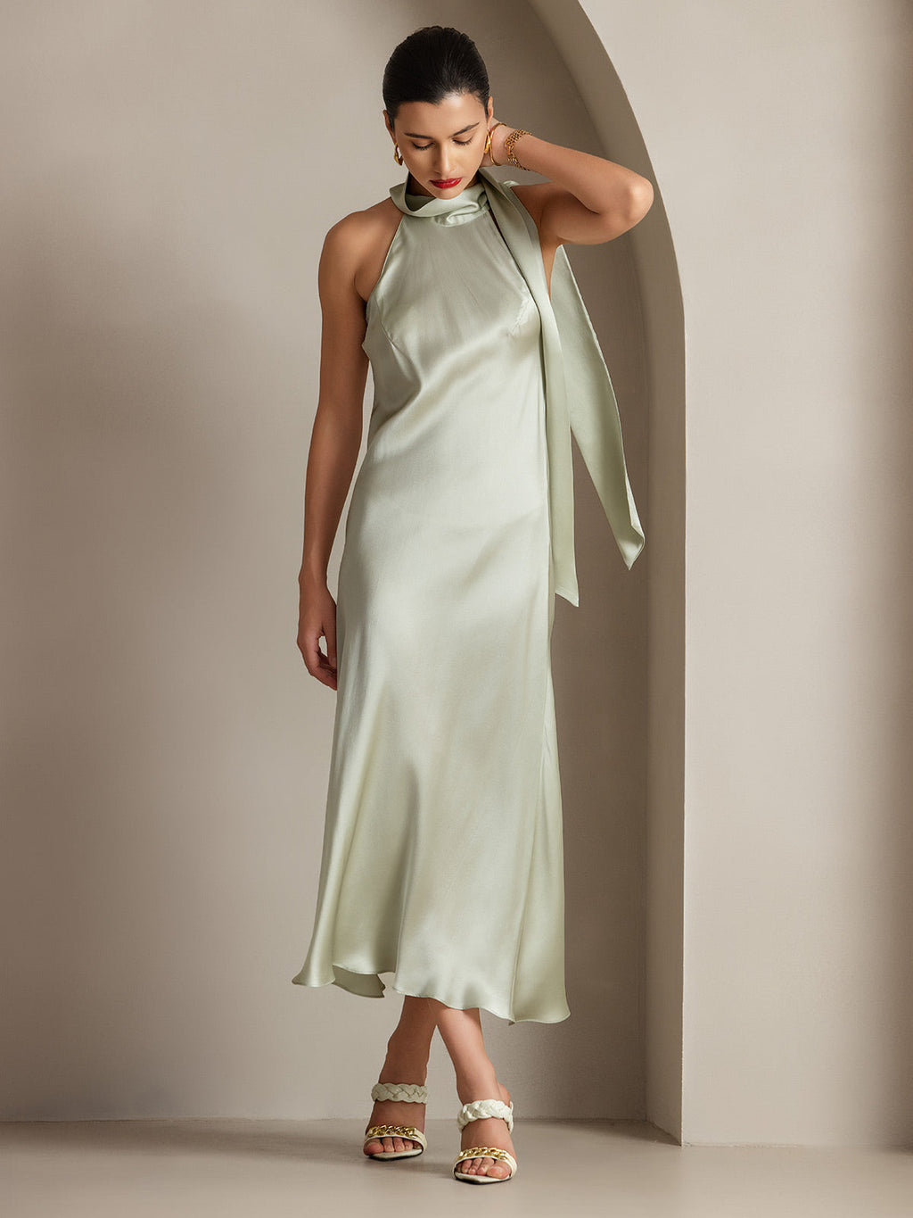 19Momme Seda Cuello Atado Vestido