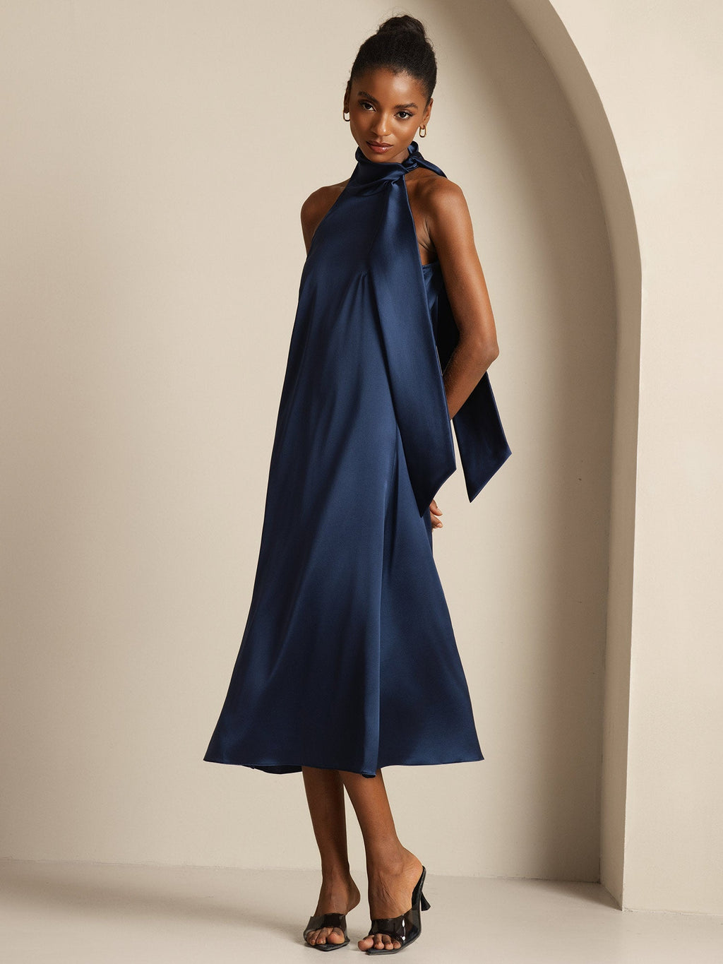 19Momme Seda Cuello Atado Vestido
