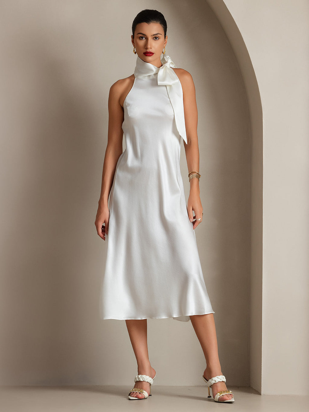 19Momme Seda Cuello Atado Vestido