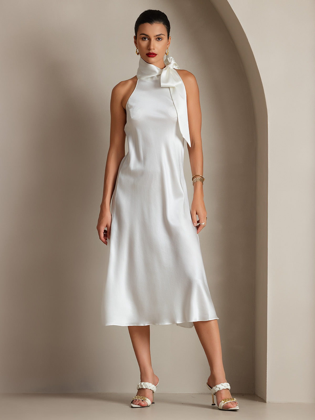 19Momme Seda Cuello Atado Vestido