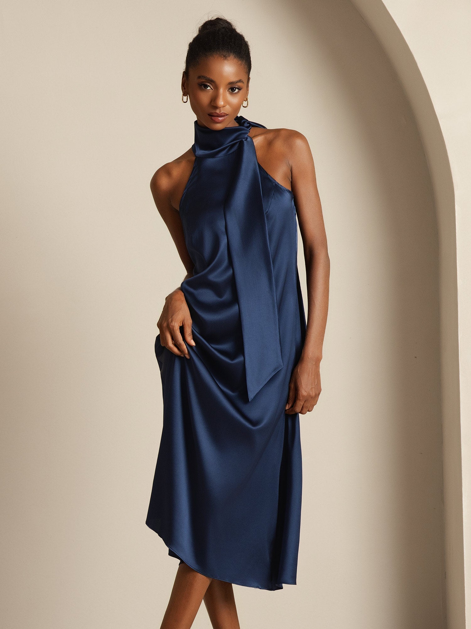 19Momme Seda Cuello Atado Vestido