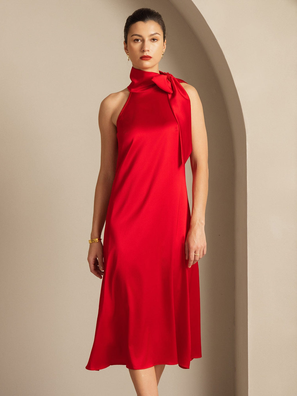 19Momme Seda Cuello Atado Vestido