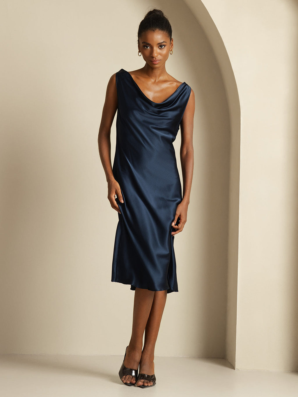 19Momme Vestido sin mangas de seda elegante con escote drapeado