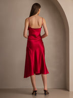 Vestido largo de seda pura con tirantes finos y abertura